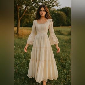 Victor Costa Mexican Wedding Dress Ivory Cotton Gauze & Lace Dress 1970 Size 0